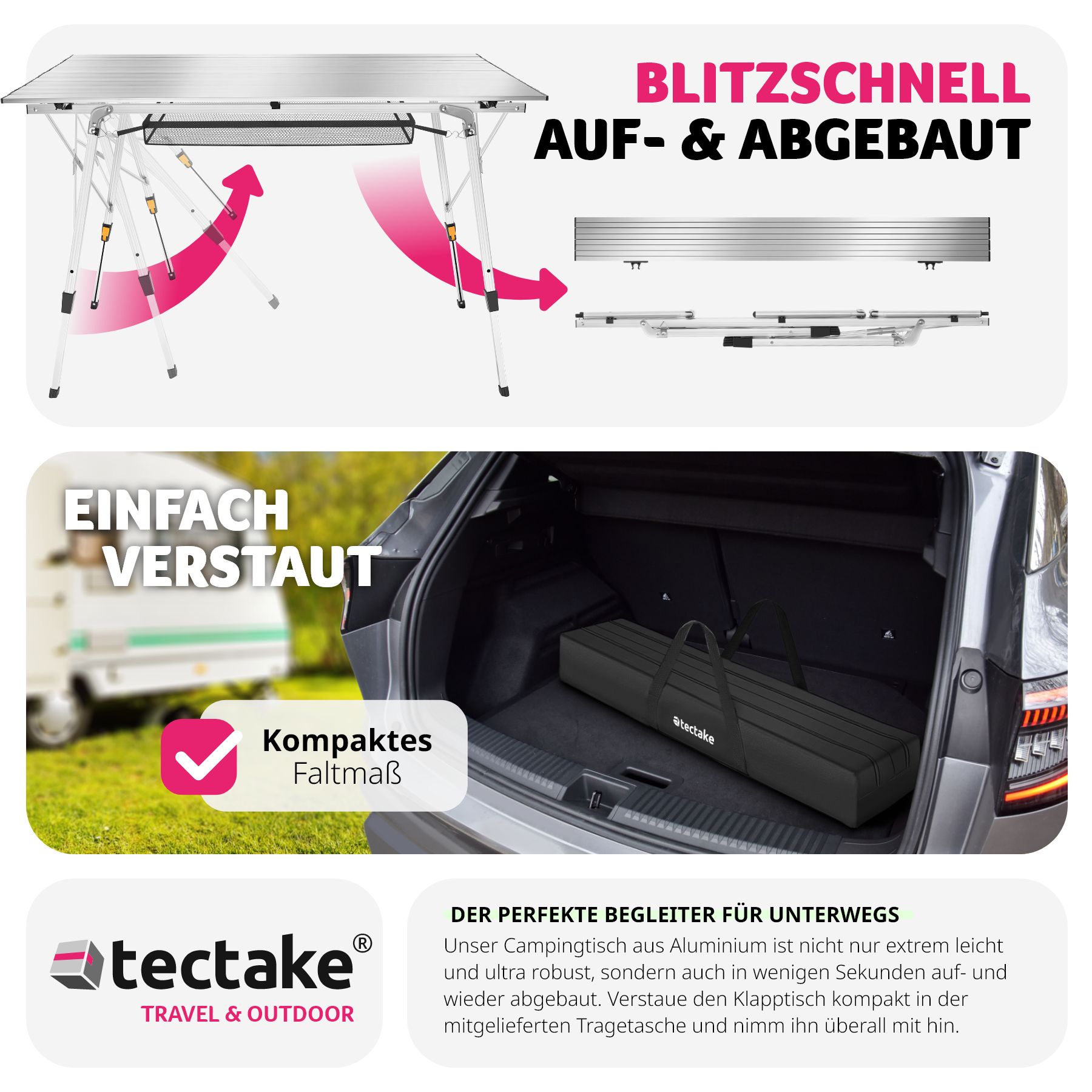 tectake® Campingtisch, faltbar, höhenverstellbar, 120 x 70,5 x 58 – 79 cm