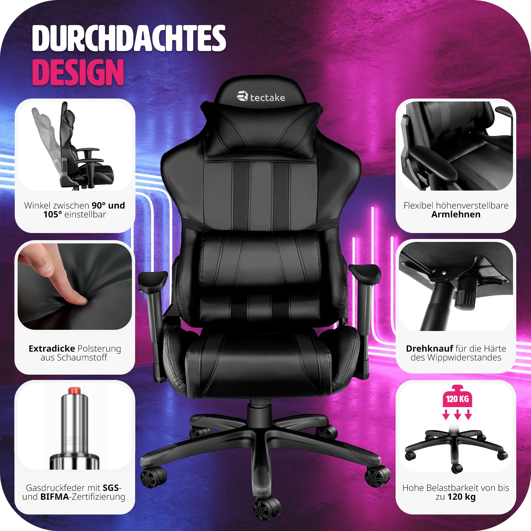 tectake® Racing Gaming Stuhl, ergonomische Form, mit verstellbarer Rückenlehne, Kunstlederbezug, abnehmbares Nacken- und Lendenkissen, Belastbarkeit 120 kg