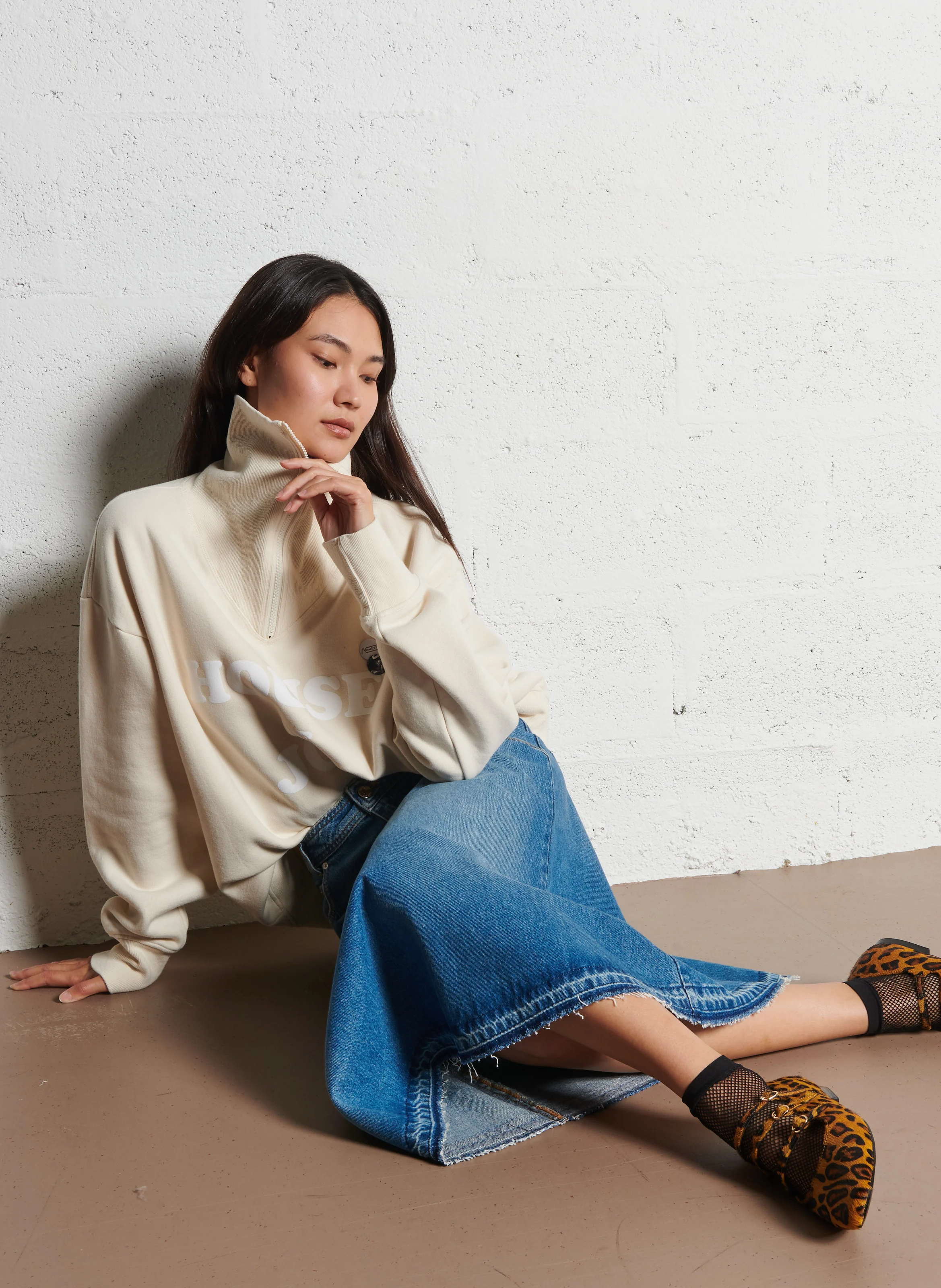 VALENTIA - Jupe midi évasée en denim de coton | Bleu