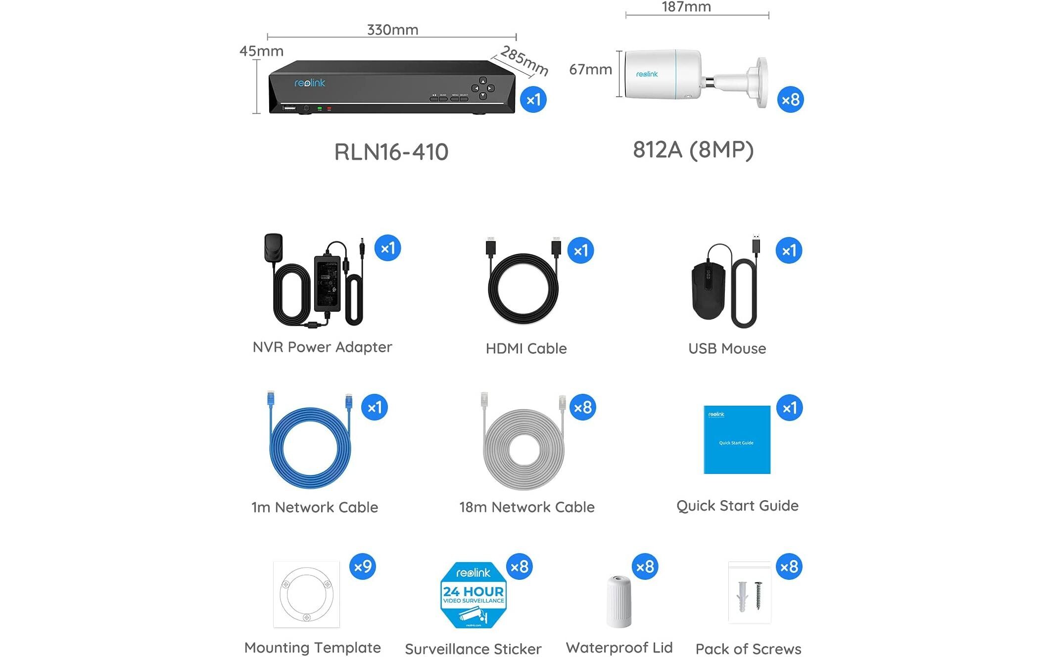 Überwachungsset RLK16-1200B8-A inkl. 3 TB HDD<br>Smartes 12MP PoE-Kamerasystem mit 24/7 farbiger Sicht
