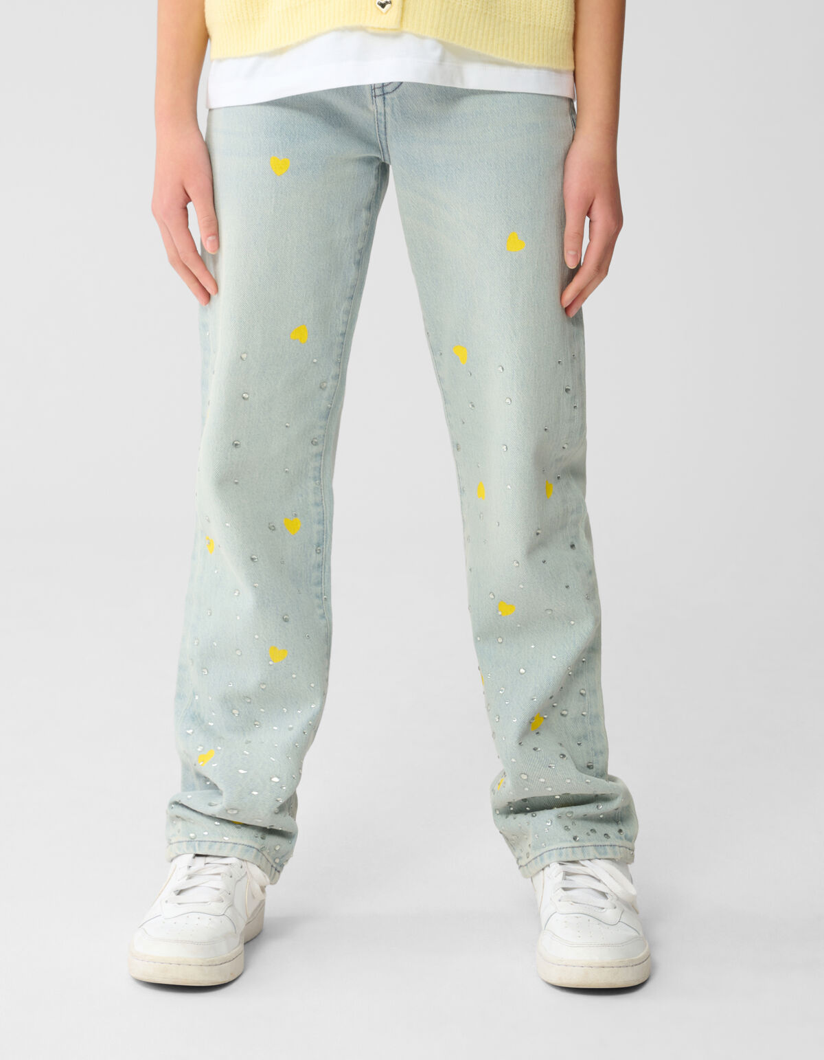Strass Heart Wide Leg Fit Jeans Bleached