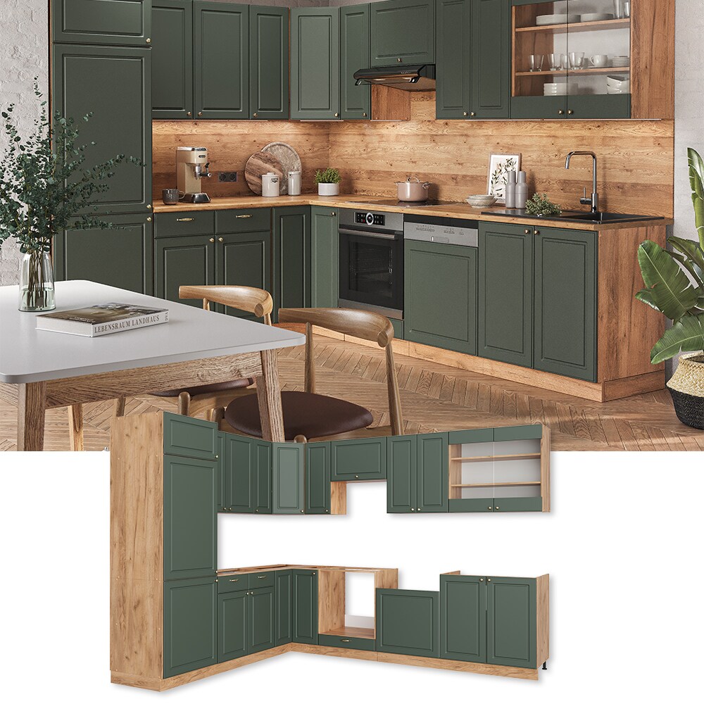 Vicco Eckküche Küchenzeile Einbauküche Fame-Line Landhaus Eiche Grün Gold227x287 cm Spülenunterschrank Schubunterschrank Eckunterschrank Herdumbauschrank Hängeschrank Kühlumbauschrank