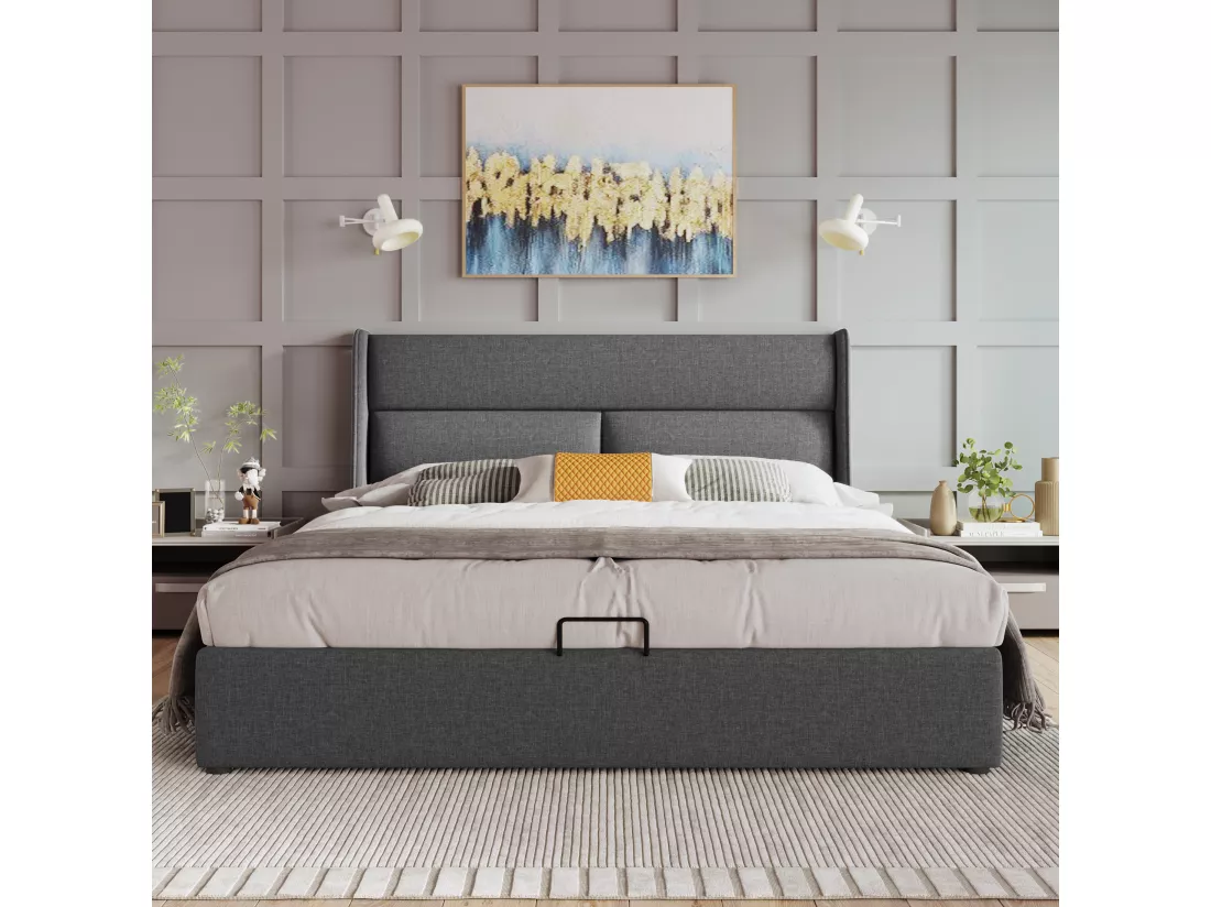 Lit coffre 140x200cm avec tête de lit réglable en tissu de lin - Gris