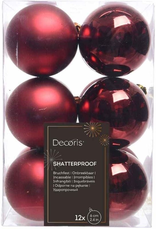 12 stuks Kerstbal plastic glans-mat/60mm/ossenbloed