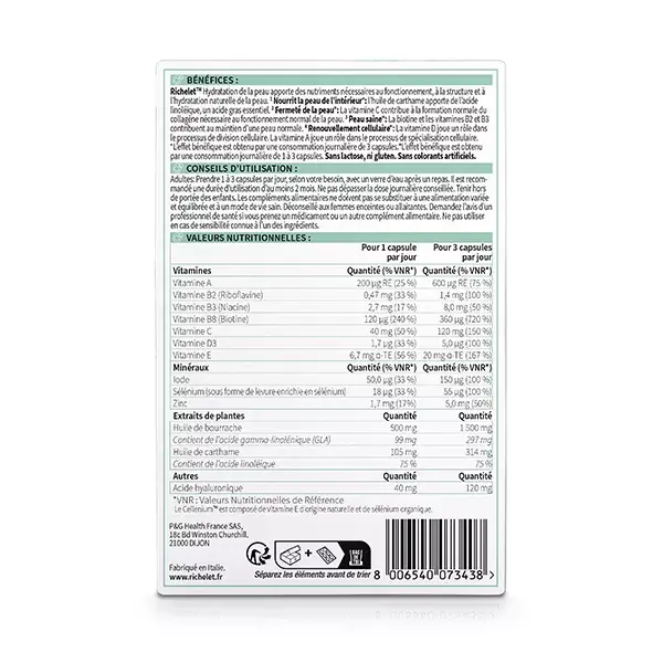 RICHELET Hidratação da Pele, Suplemento Alimentar, 30 Cápsulas