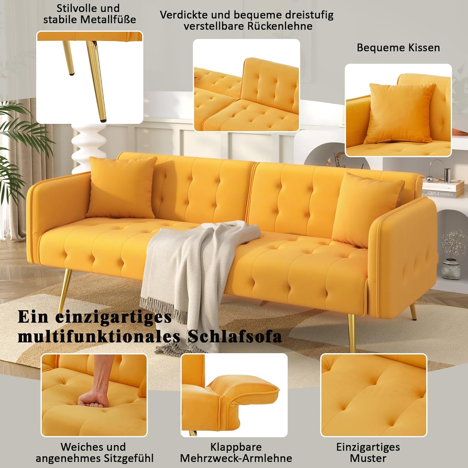 Zweisitzer-Multifunktions-Sofabett mit Bettfunktion, Verstellbarer Rückenlehne + mehrstelligen Armlehnen. Modernes Faltsofabett für Wohnzimmer - Veloursbezug. Großzügiger Schlafbereich