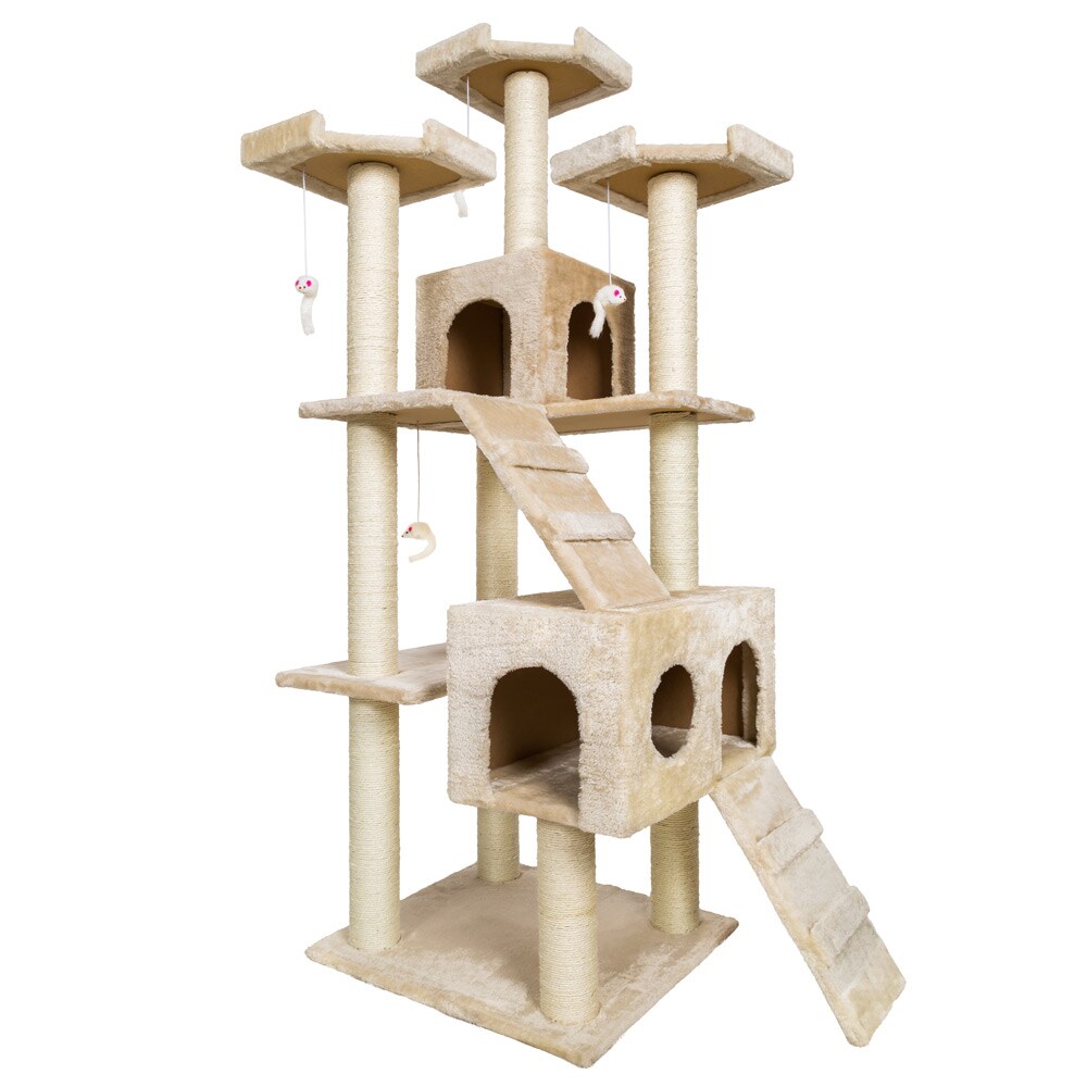 tectake® Kratzbaum, 186 cm, mit 2 Katzenhäusern, inklusive 2 Treppen, 4 Spielmäusen und Kippschutz