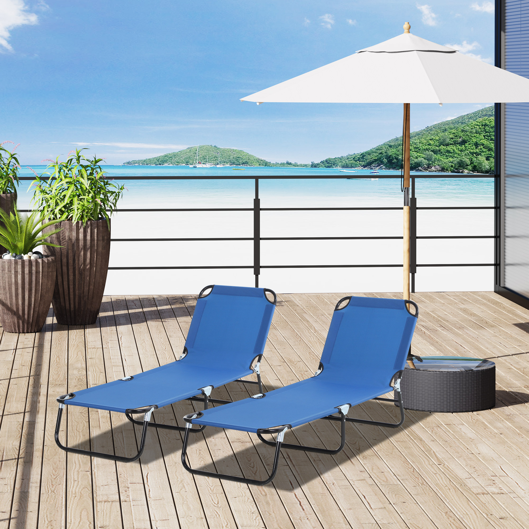 Conjunto de 2 espreguiçadeiras dobráveis Outsunny, espreguiçadeiras reclináveis para jardim com encosto ajustável em 5 níveis, capacidade de carga de 120 kg, para pátio ou piscina, 188 x 56 x 28 cm, azul
