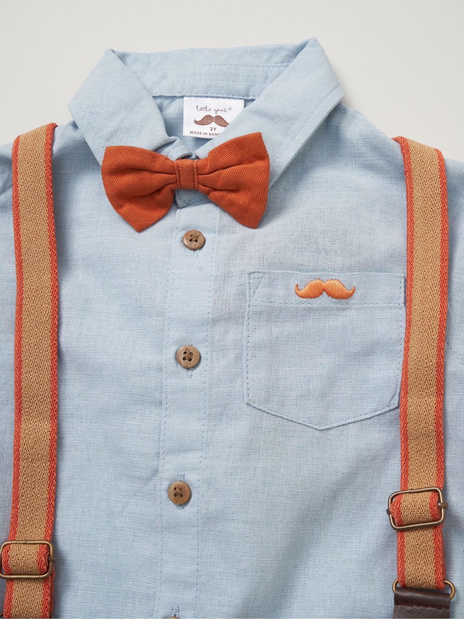 Donkerblauw - Little Gent overhemd en broek met bretels en sierstrik van imitatie 100% katoen