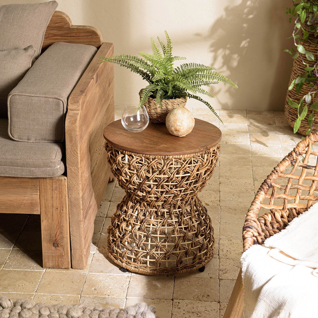 Macabane Tabouret beige assise amovible en bois de teck recyclé Sixtine bois - 41x41x46 cm