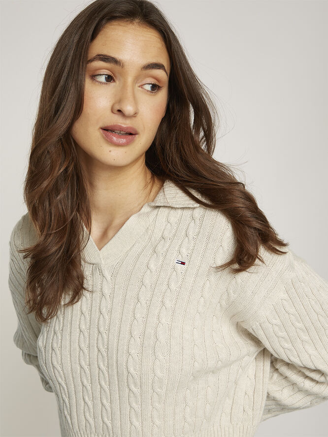 Tommy Hilfiger TJW CABLE RUGBY SWEATER Ancient white melange