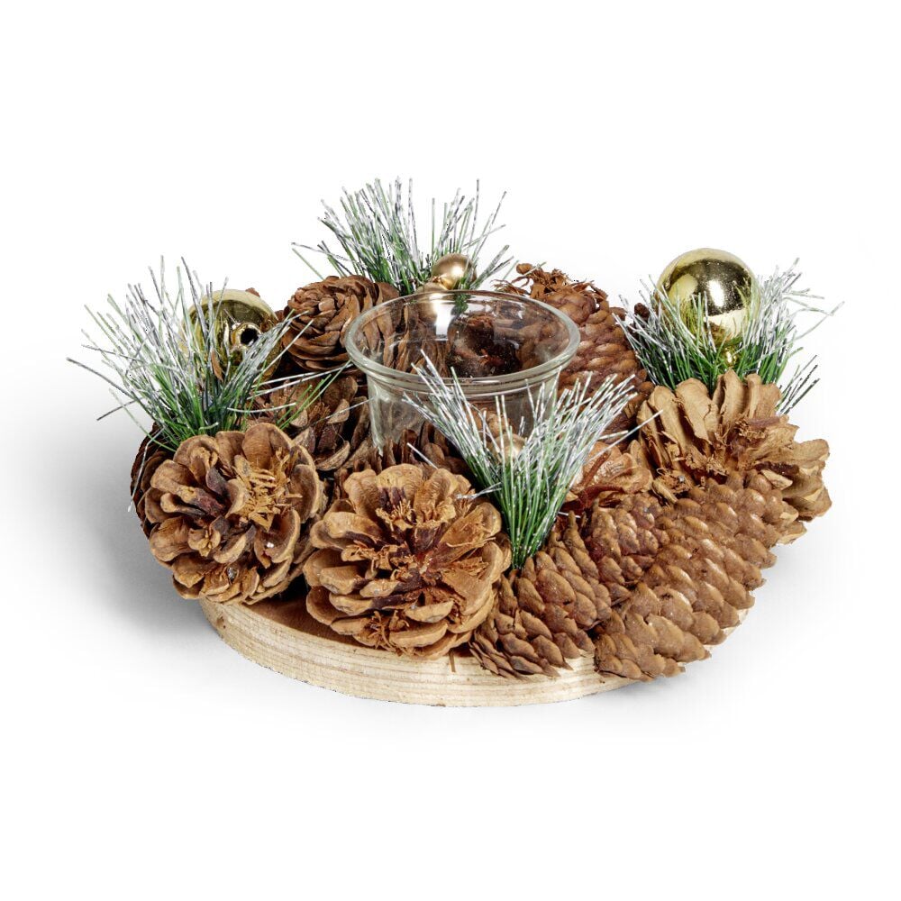 Bougeoir centre de table pomme de pin et boules de Noël Ø19xH9cm