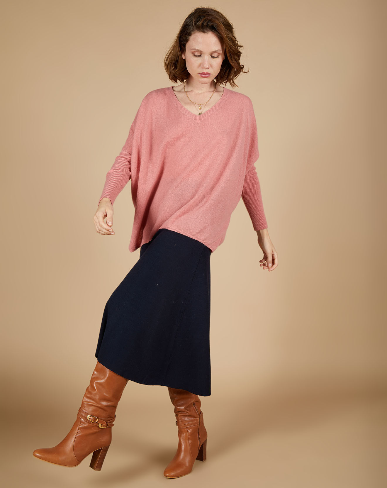 Cashmere Tribu Pull poncho 100% Cachemire Emma col V bois de rose