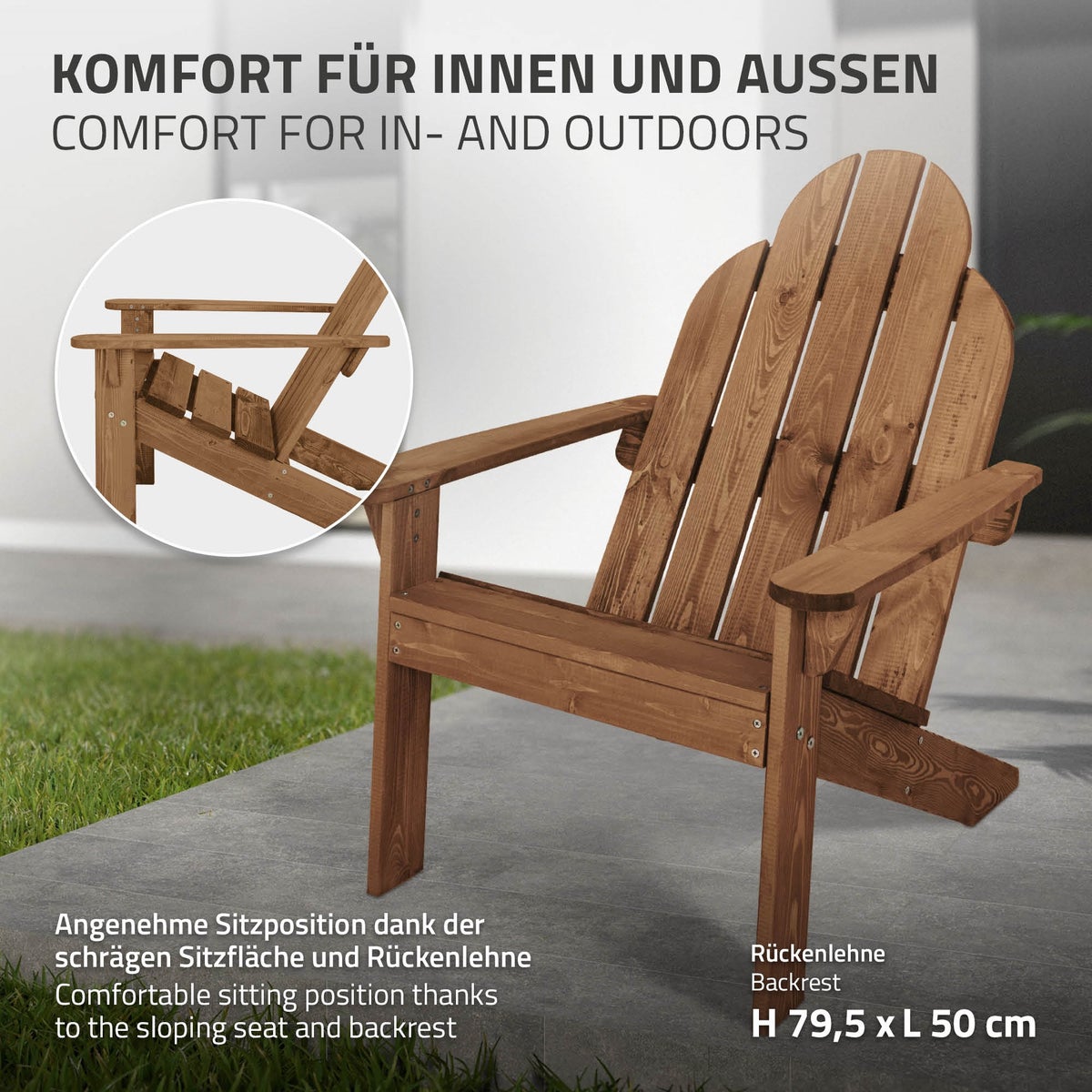 ECD Germany Adirondack stoel van massief dennenhout, 92,5x70x89 cm, bruin, tuinstoel met rugleuning en armleuningen, ergonomische houten stoel, weerbestendige tuinstoel, relaxstoel voor balkon, tuin, strand