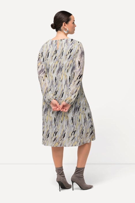 Plissee-Kleid, Marmordruck, Godetfalten, Rundhals, Langarm