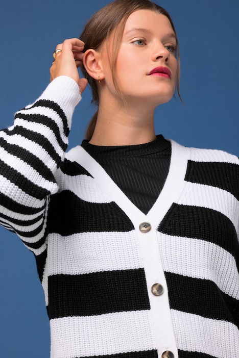 Strickjacke, Boxy Fit, Streifenmix, V-Ausschnitt, Langarm