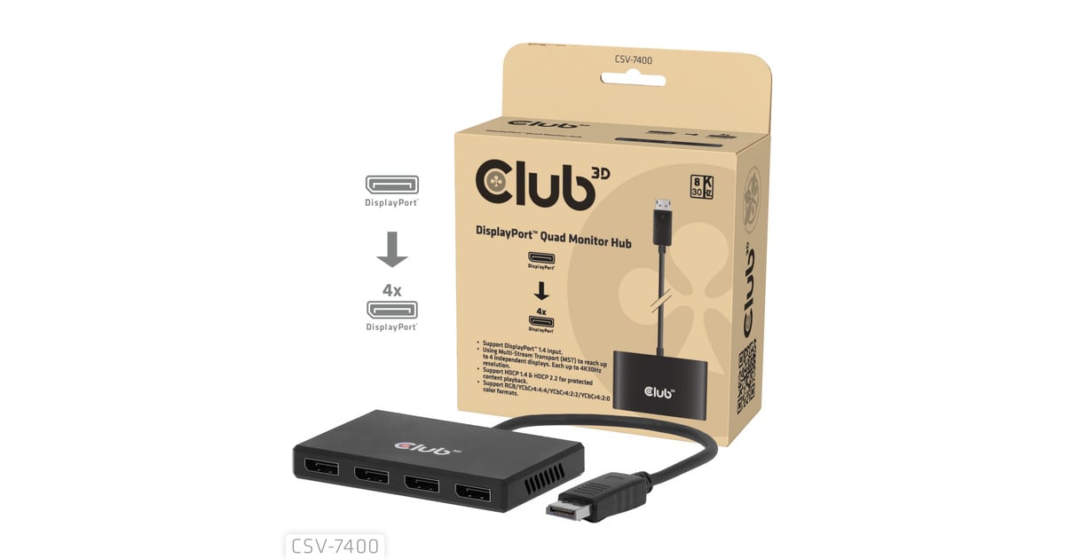 Club 3DDisplayPort Quad Monitor Hub MST 4x 4K30Hz displayport splitter  (Zwart)