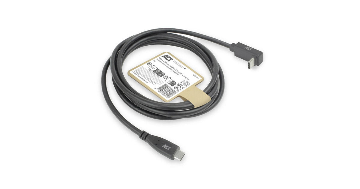 ACT ConnectivityUSB 3.2 USB-C (recht) naar USB-C (omhoog/omlaag haaks) kabel  (Zwart, 10 Gbit/s, 60W, 1 meter)