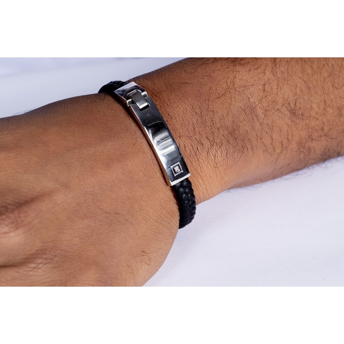 Bracelet souple mono-motif en Acier 316L et cuir - blanc brillant