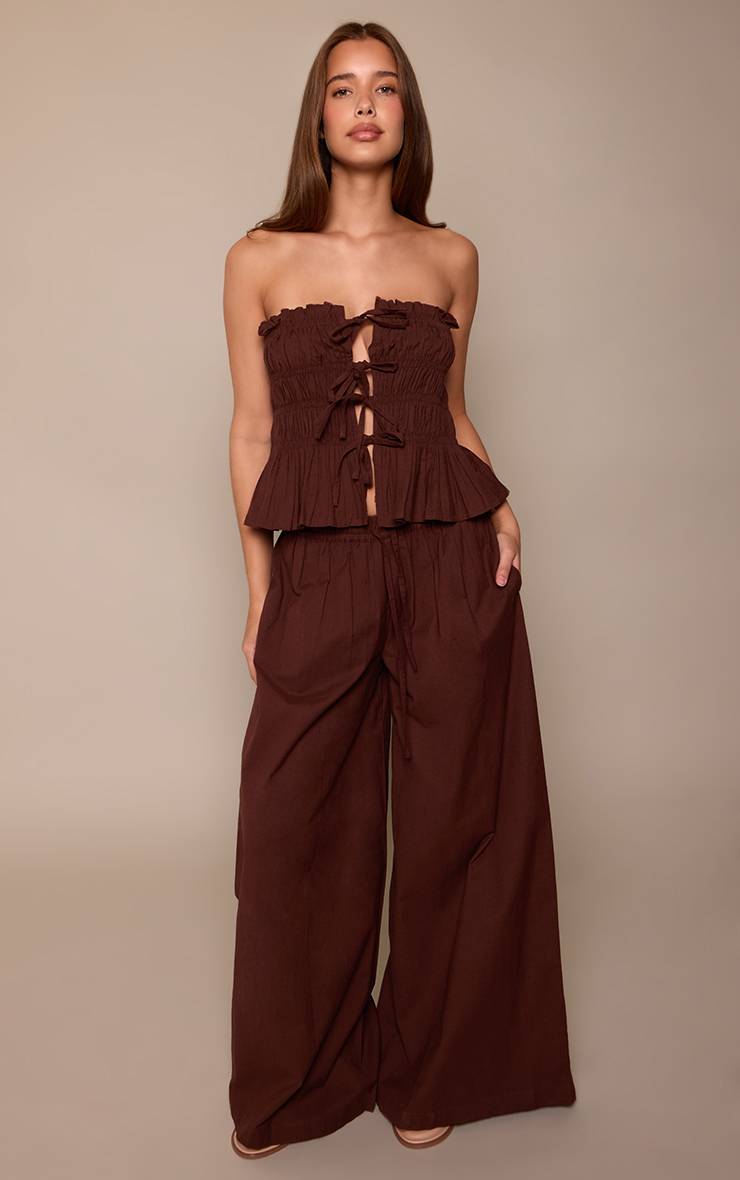Chocolat Pantalon Large À Jambes Évasées Avec Nœud Frontal Coordonné