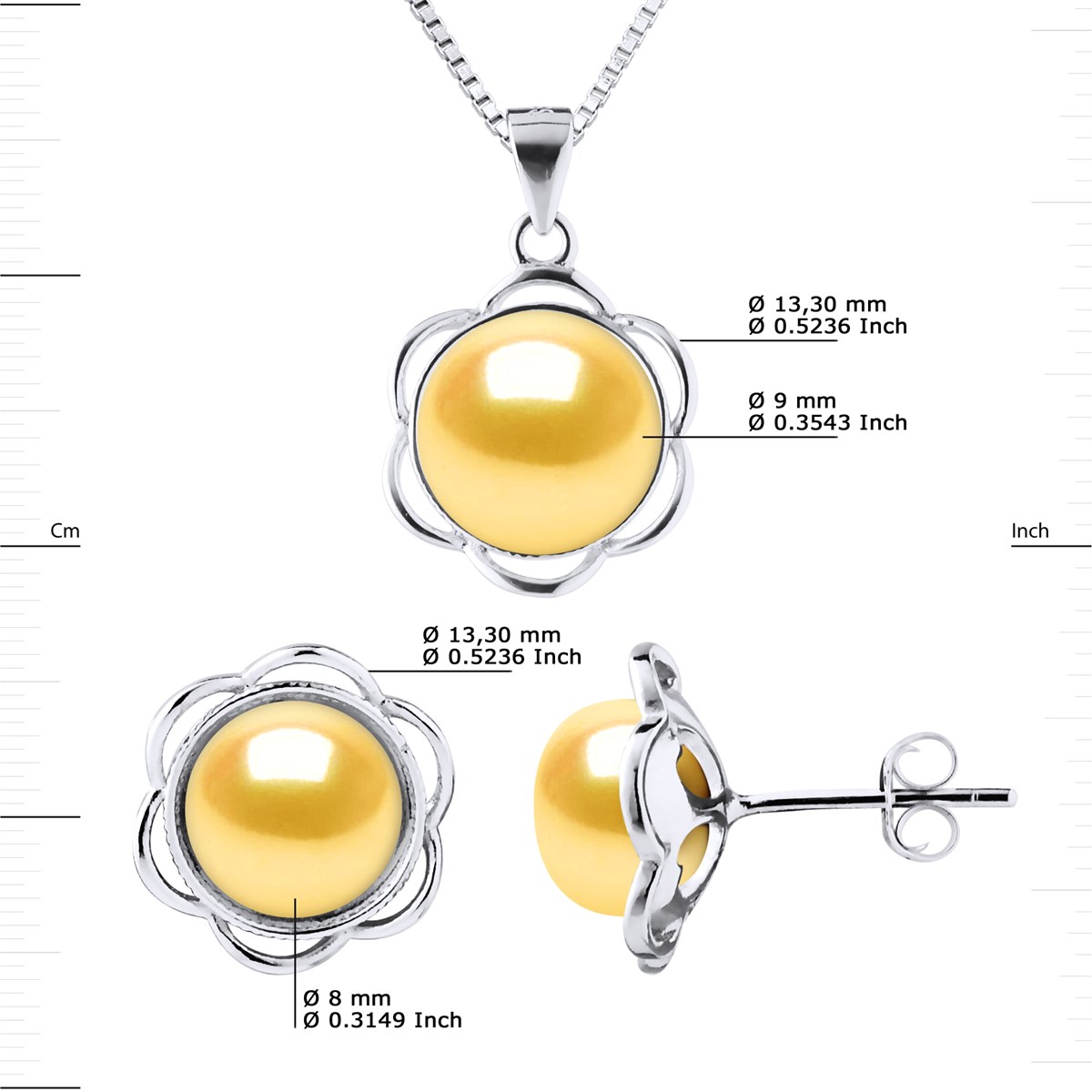 Parure Collier & Boucles d'Oreilles PETALES Perles d'Eau Douce 8-9 mm Dorées Argent 925