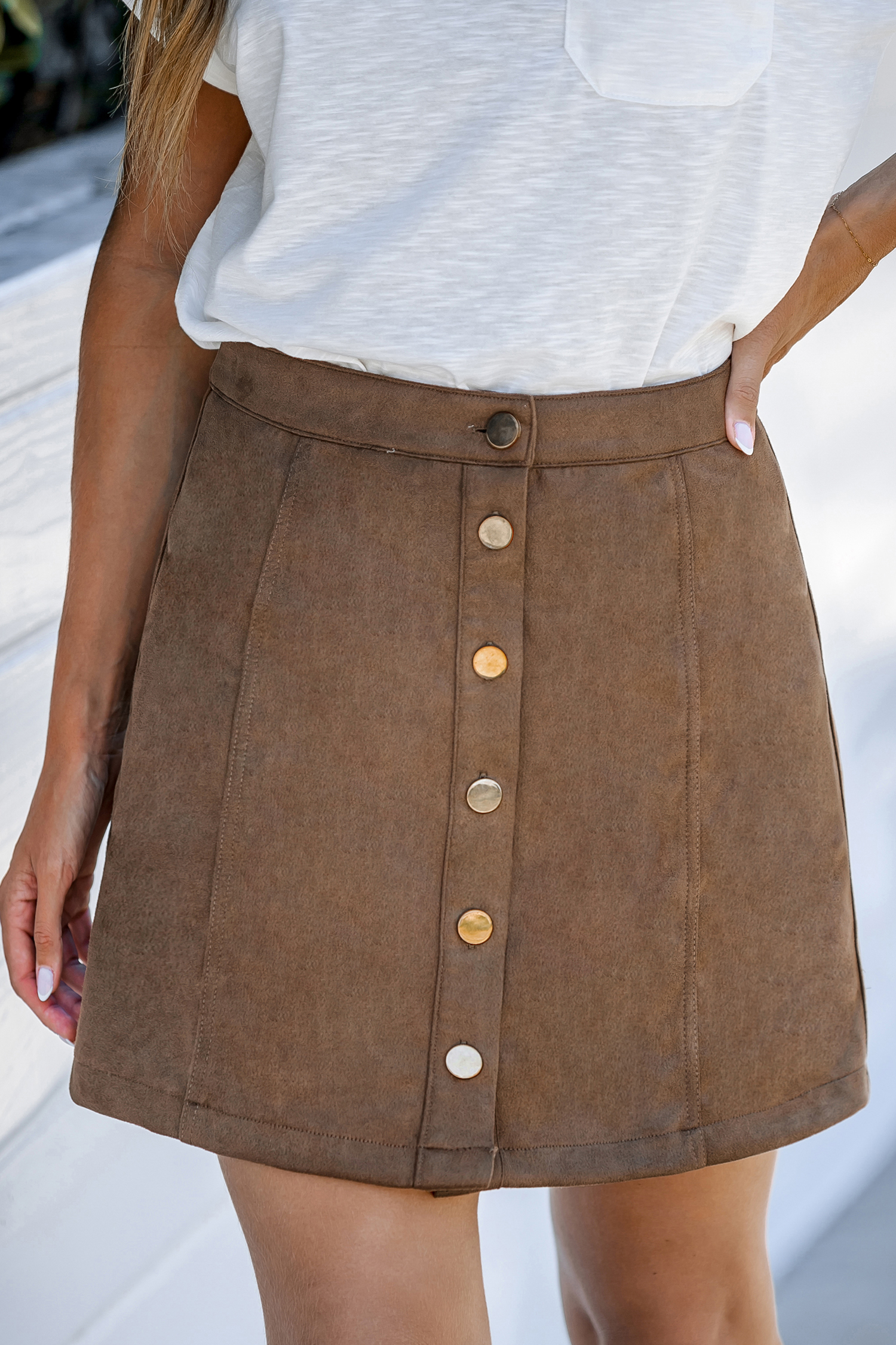 Jupe brune taille haute à boutons