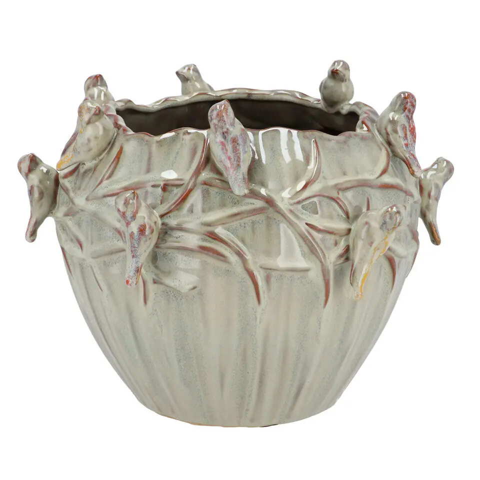 DK Design Bloempot/plantenpot Vogels - mosgroen - D19 x H15 cm