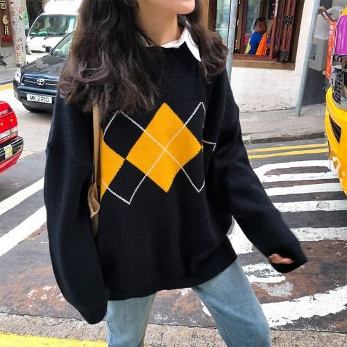 Sensarra - Argyle Oversized Trui met Ronde Hals
