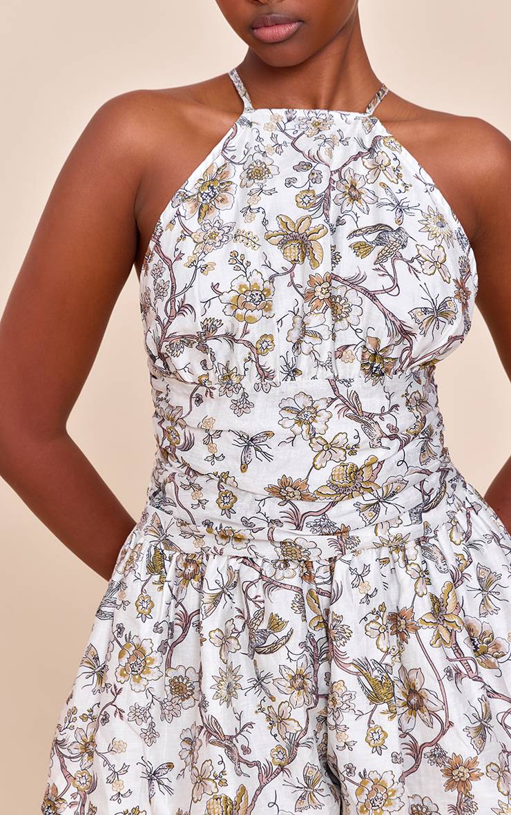 Blanc Combinaison Courte À Encolure Américaine Tissée À Motif Floral
