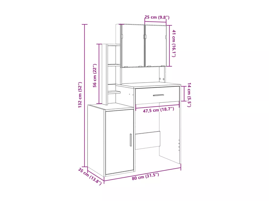 Coiffeuse avec armoire chêne fumé 80x35x132 cm