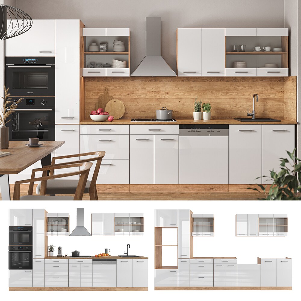 Vicco Küchenzeile Küchenblock Einbauküche R-Line 350 cm Eiche Weiß Hochglanz Küche