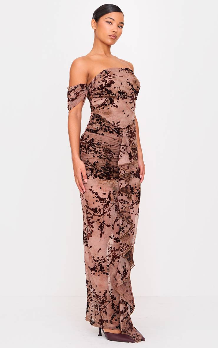 Marron Robe Longue À Volants Froncés Corset Bardot Dévoré Fleuri