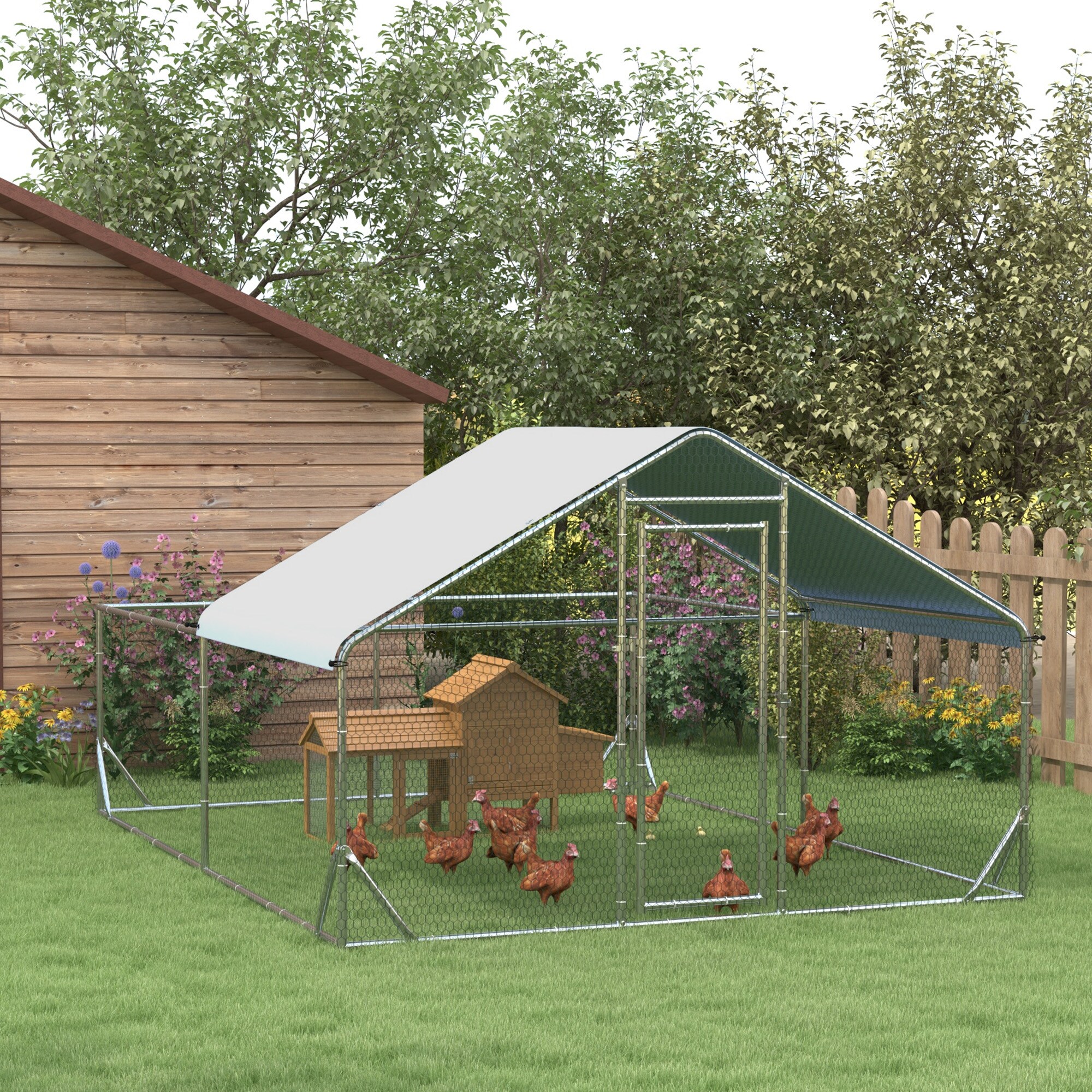 PawHut Zwerghühnerstall mit Sonnenschutzdach silber 400L x 300B x 195H cm