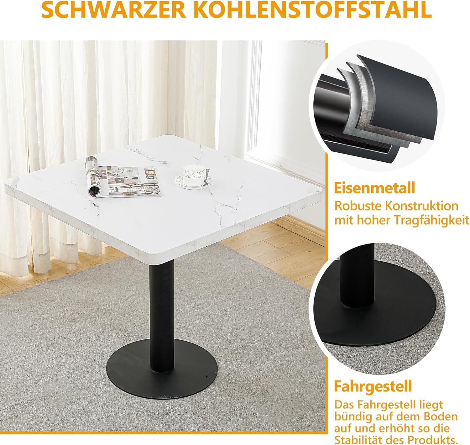 Mingone Quadratischer Esstisch 80x80cm, Küchentisch in Weiß mit Marmoroptik - Tischplatte aus MDF & Metallgestell - Für Küche, Esszimmer, Balkon, Wohnzimmer