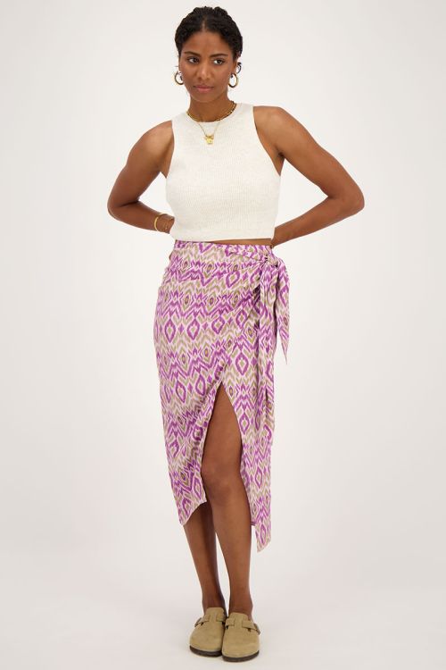 Paarse midi rok met overslag en aztec print