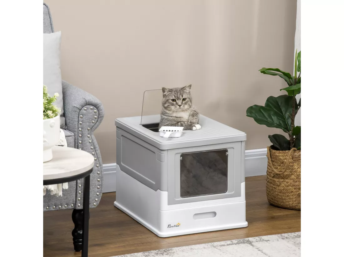 Maison de toilette pliable pour chat - tiroir à litière coulissant, porte battante et trappe transparente, pelle - blanc gris