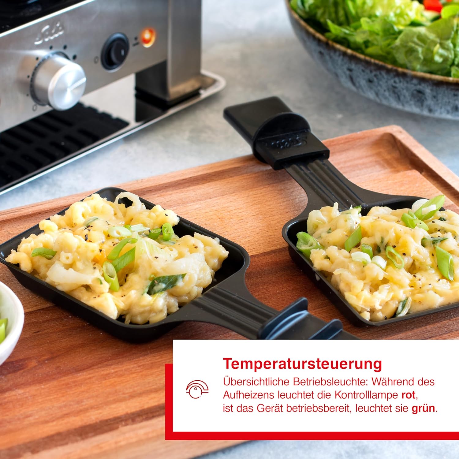 Solis Raclette Tischgrill 4-in-1 mit Grillplatte & Crêpe-Funktion – 1200W Ober- & Unterhitze, Antihaft, 8 Pfännchen, Mini-Pizza & Raclette Genuss für Familie & Freunde