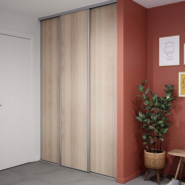 Porte de placard coulissante effet chêne clair profil gris GoodHome Arius H. 248,5 x L. 62.2 cm + amortisseurs