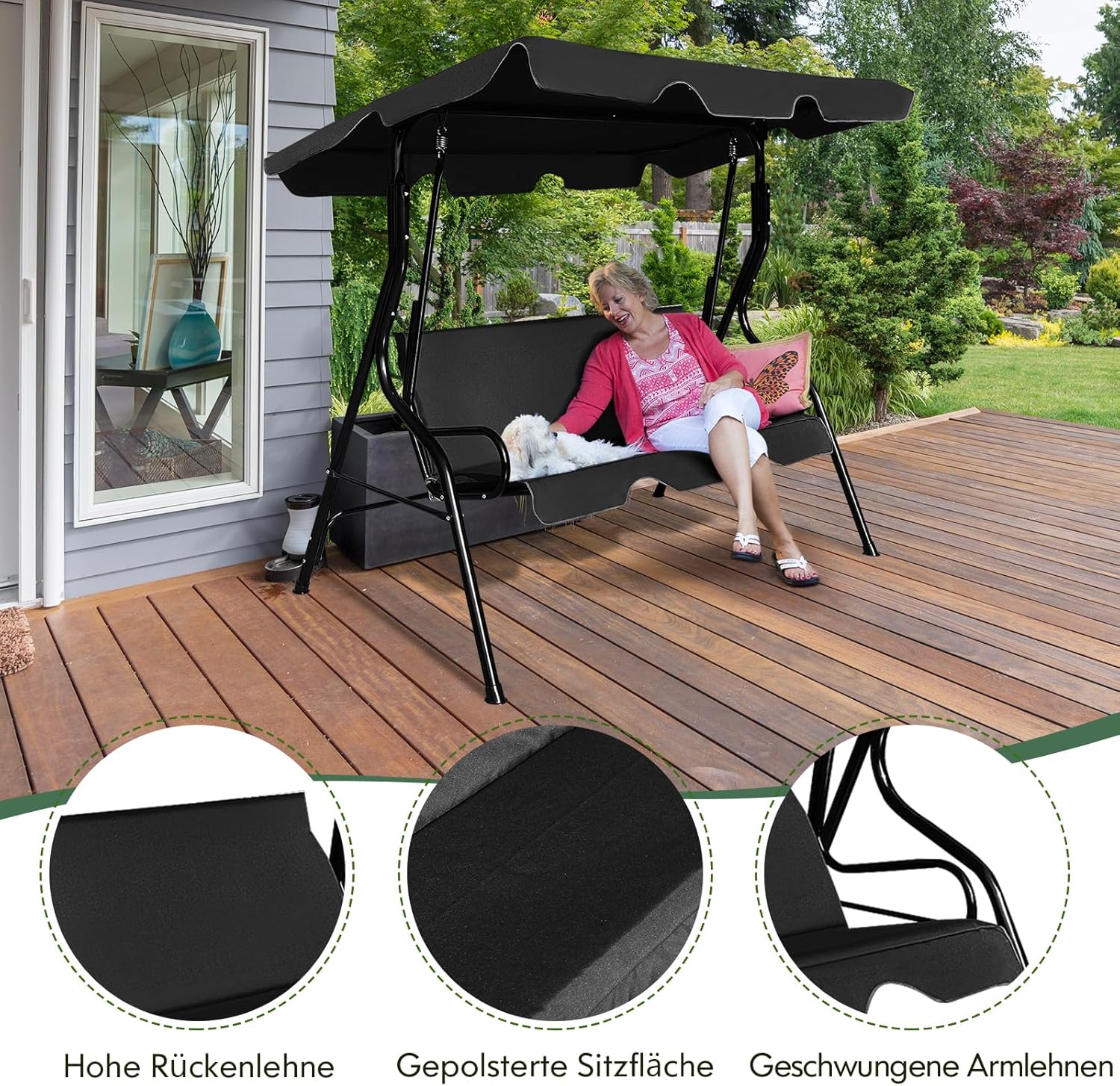 COSTWAY 3-Sitzer Hollywoodschaukel, Gartenschaukel mit verstellbarem Dach, Schaukelbank für Garten, Terrasse & Hinterhof, 172 x 110 x 154 cm (Schwarz)