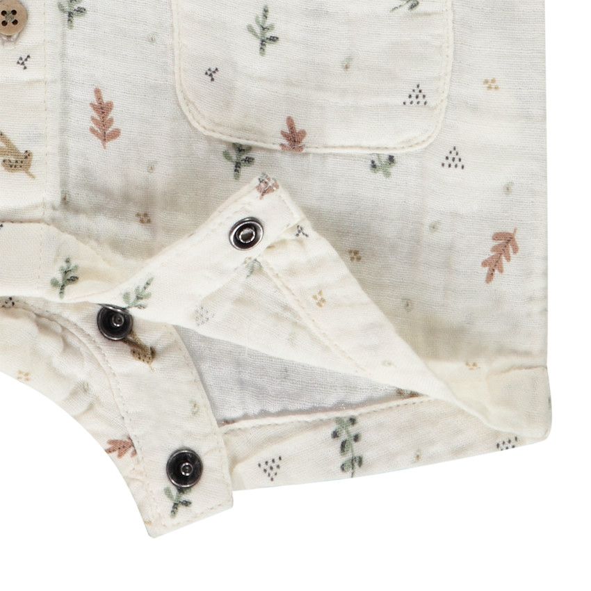 Combishort en double gaze imprimé feuilles pour bébé - Ecru