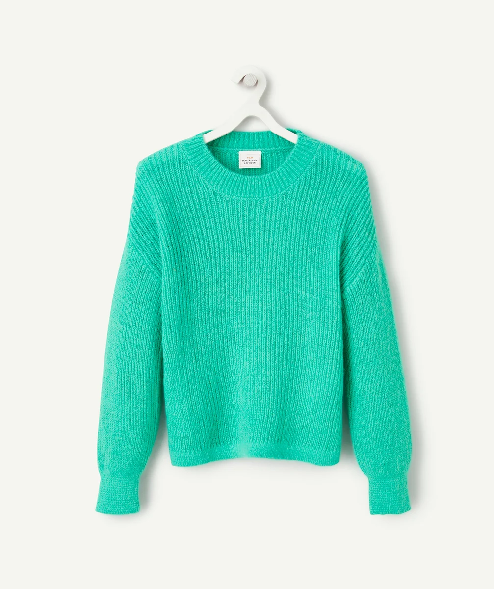 PULL LARGE FILLE EN TRICOT VERT À MANCHES LONGUES