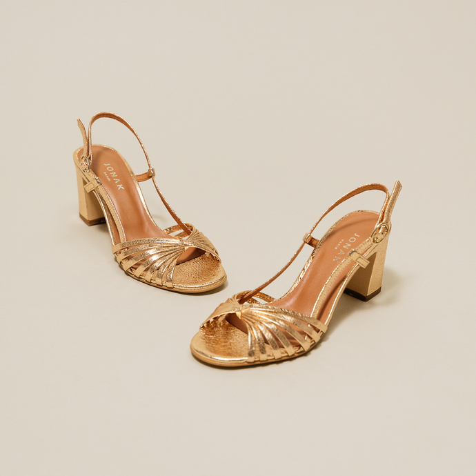 Sandales à bouts carrés et brides  en cuir craquelé or