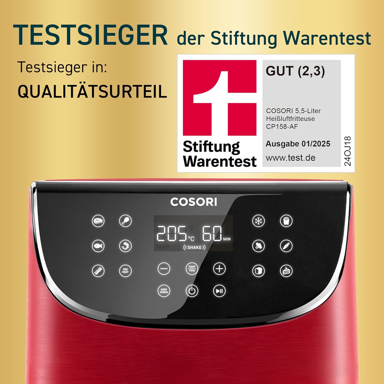 COSORI Heißluftfritteuse CP158-AF, Testsieger 2024 Stiftung Warentest, 11-in-1 Airfryer mit Shake-Reminder, Online-Rezepte, 97,3 Prozent ölsparend, spülmaschinenfeste Körbe, Rot