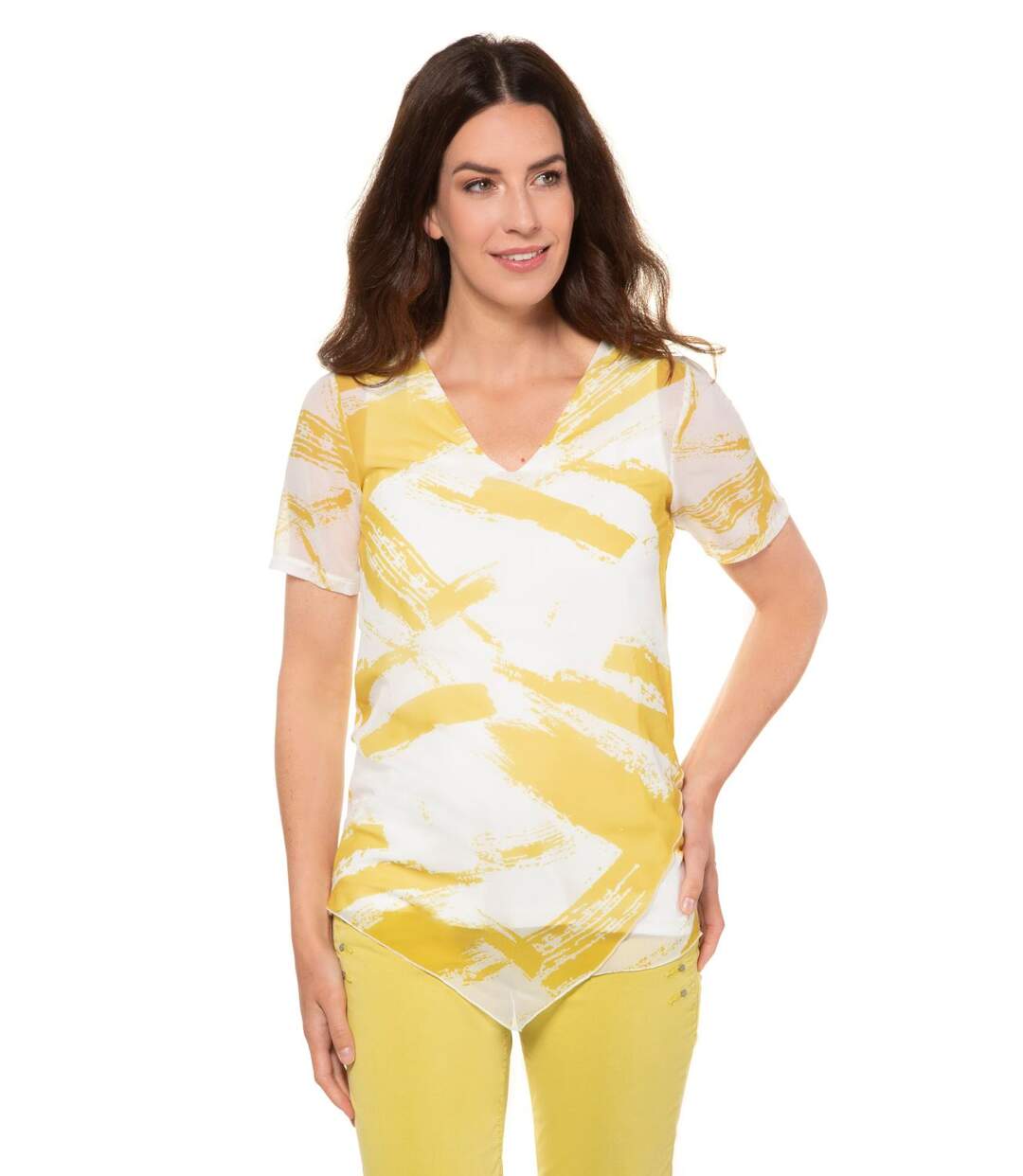 Chemisier Gina Laura, dessin au pinceau, couche supérieure en mousseline de soie, dessus de maillot olive NOUVEAU