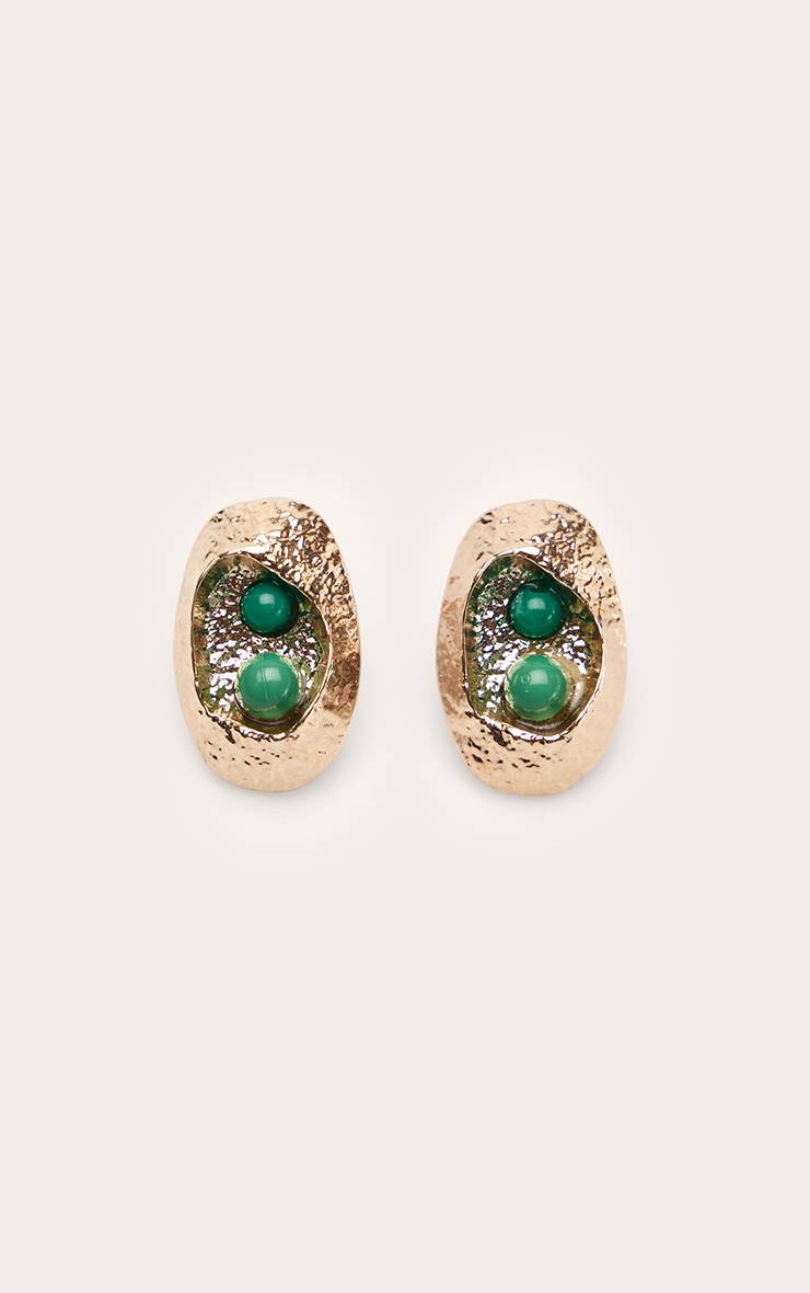 Vert Boucles D'oreilles Clous Ovales Texturées Dorées Avec Perle De Jade