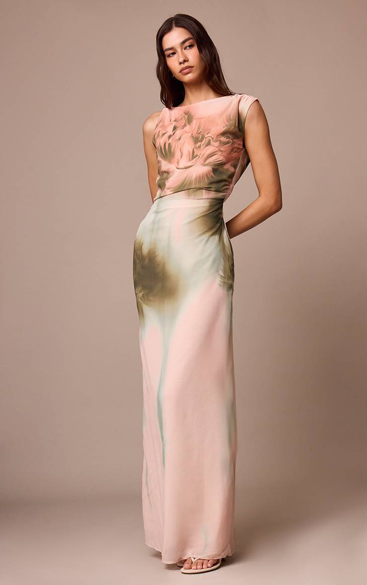 Rose Poudré Robe Maxi Sans Manches En Mousseline À Imprimé Floral Avec Fronces