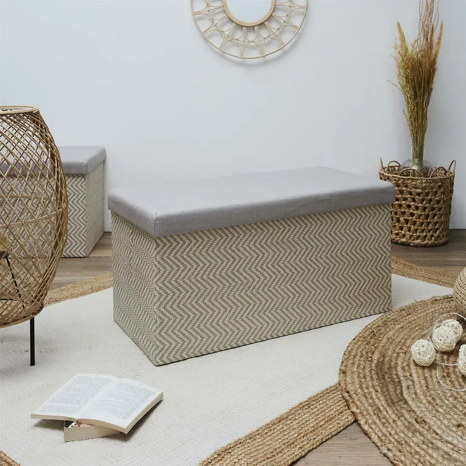 Home Deco Poef Fishbone - opbergbox - beige/grijs - 76 x 38 cm