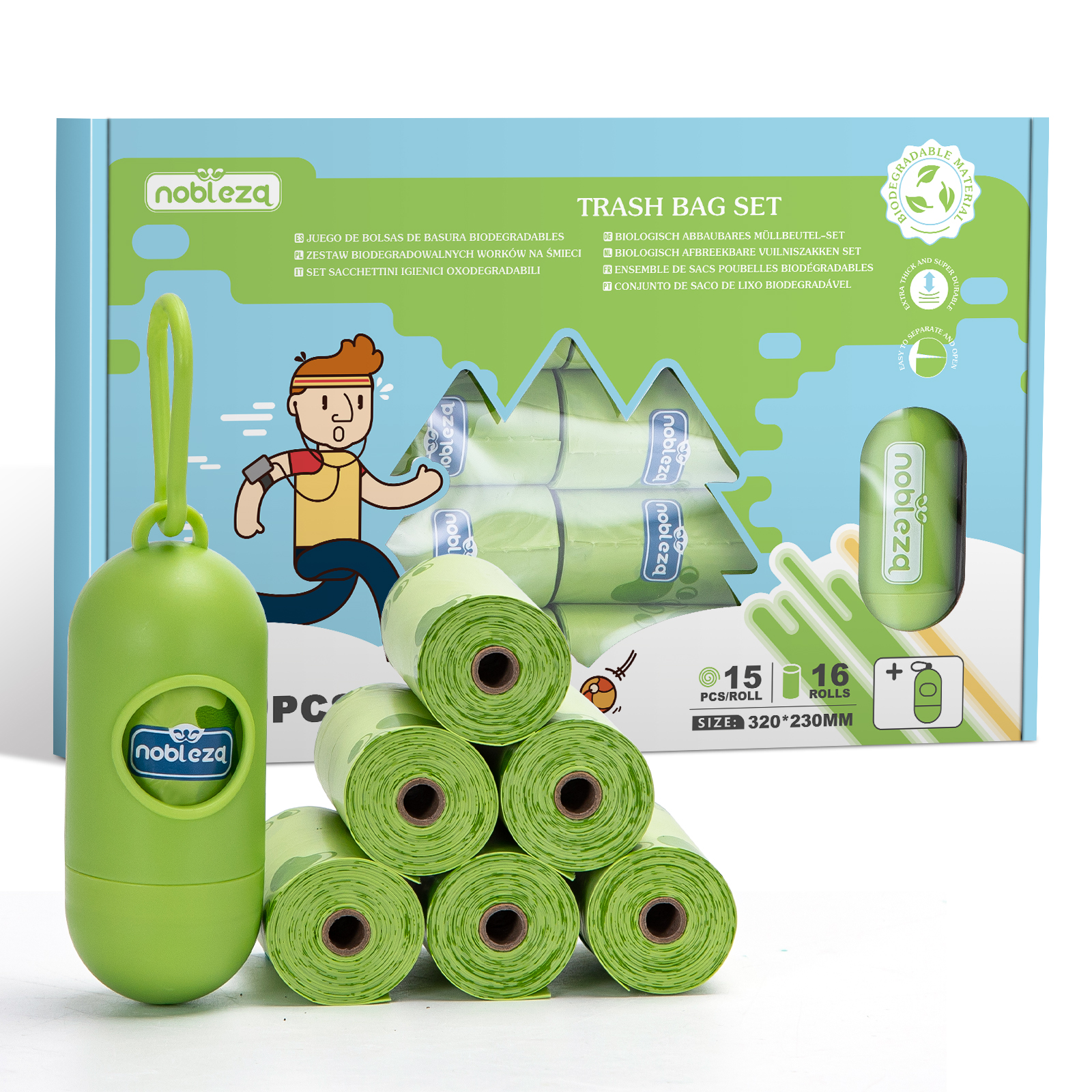 Sacos para Fezes de Cachorro Nobleza, Biodegradáveis, 240 Sacos com Dispensador, Extra Grossos, À Prova de Vazamentos, 16 Rolos
