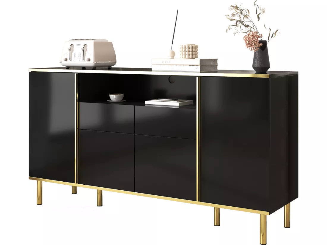 Buffet avec 4 portes et 2 tiroirs en panneaux de particules - leds - noir brillant
