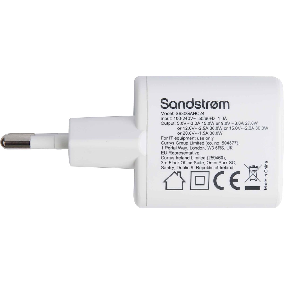 Sandstrøm USB-C 30W GaN lader med USB-C kabel